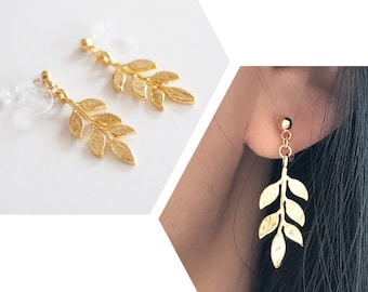 Gold Leaf Branch Invisible Clip On Earrings. Non-pierced Earrings. Golden Autumn Leaf Invisible Clip On Earrings. Dangle Earrings