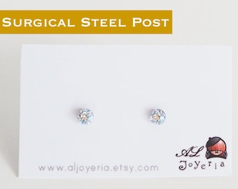 3mm Swarovski Crystal Moonlight Tiny Small Rhinestone Surgical Steel Stud Earrings. Gift for Her, Gift for Little Girl, Gift for Teen Girl