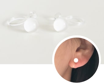 5mm White Glass Globe Invisible Clip On Stud Earrings. Simple Minimal Non Pierced Earrings. Minimalist Earrings. Girl Earrings