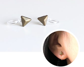 5mm Small Triangle Geometric Antique Brass Metal Earrings. Invisible Clip On Earrings. Non-pierced Earrings. Minimal Invisible Clip On