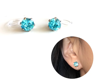 6mm Swarovski Crystal Frozen Light Blue Diamond Rhinestone Invisible Clip On Stud Earrings. Timeless Simple Turquoise Non Pierced Earrings