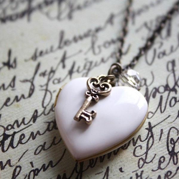 PREORDER • Discounted Antique White Heart Locket and Key Necklace • B-Grade • Stain Inside • Vintage Bronze Necklace • Gift for her