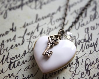 Discounted Antique White Heart Locket and Key Necklace. Vintage Bronze Locket Necklace. Gift for her. Valentine's Gift. Stain Inside