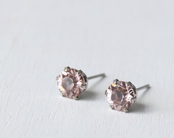 Timeless Vintage Rose Pink Swarovski Crystal Diamond Cut Stud Earrings 6mm. Nickel Free Earrings. Simple Everyday Earrings.