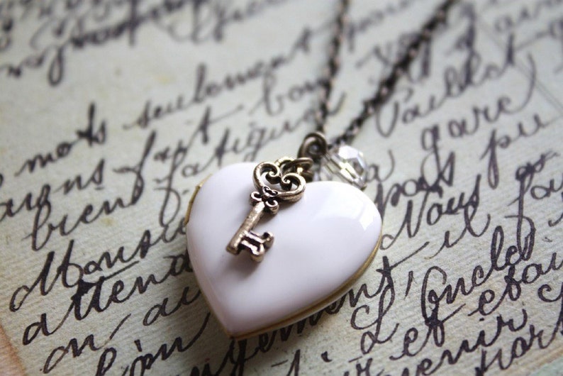 Discounted Antique White Heart Locket and Key Necklace. Vintage Bronze Locket Necklace. Gift for her. Valentine's Gift. Stain Inside image 1
