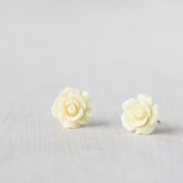 Ivory White Camellia Flower Earrings. Surgical Steel Earrings Post. Cream Rose Stud Earrings. Bridesmaid Earrings. Gift for Her