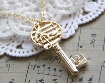 Music Key Necklace. Gold Key Charm Necklace. Treble Clef Necklace. Music Score Necklace. Gift for Her. Music Teacher. Piano Teacher Gift