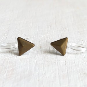 5mm Small Triangle Geometric Antique Brass Metal Earrings. Invisible Clip On Earrings. Non-pierced Earrings. Minimal Invisible Clip On image 3