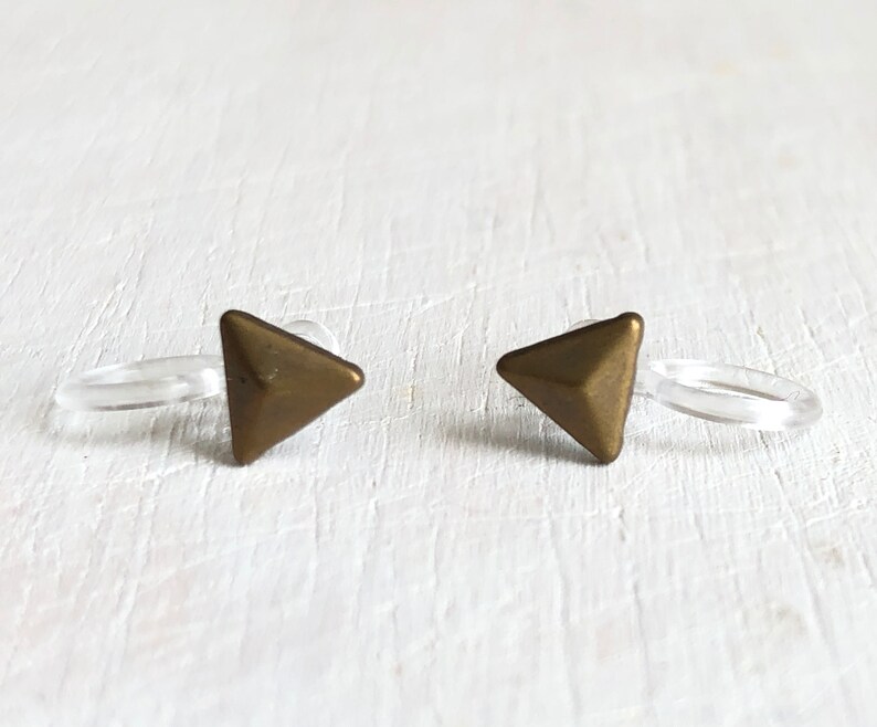 5mm Small Triangle Geometric Antique Brass Metal Earrings. Invisible Clip On Earrings. Non-pierced Earrings. Minimal Invisible Clip On image 3
