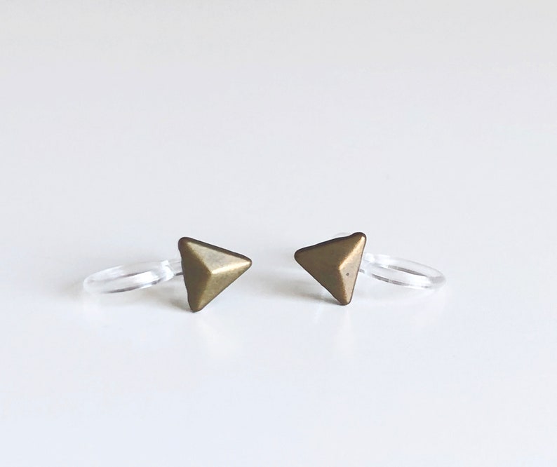 5mm Small Triangle Geometric Antique Brass Metal Earrings. Invisible Clip On Earrings. Non-pierced Earrings. Minimal Invisible Clip On image 6