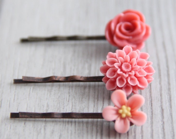 Salmon Pink Flower Bobby Pins Set. Floral Hair Clip. Head Etsy