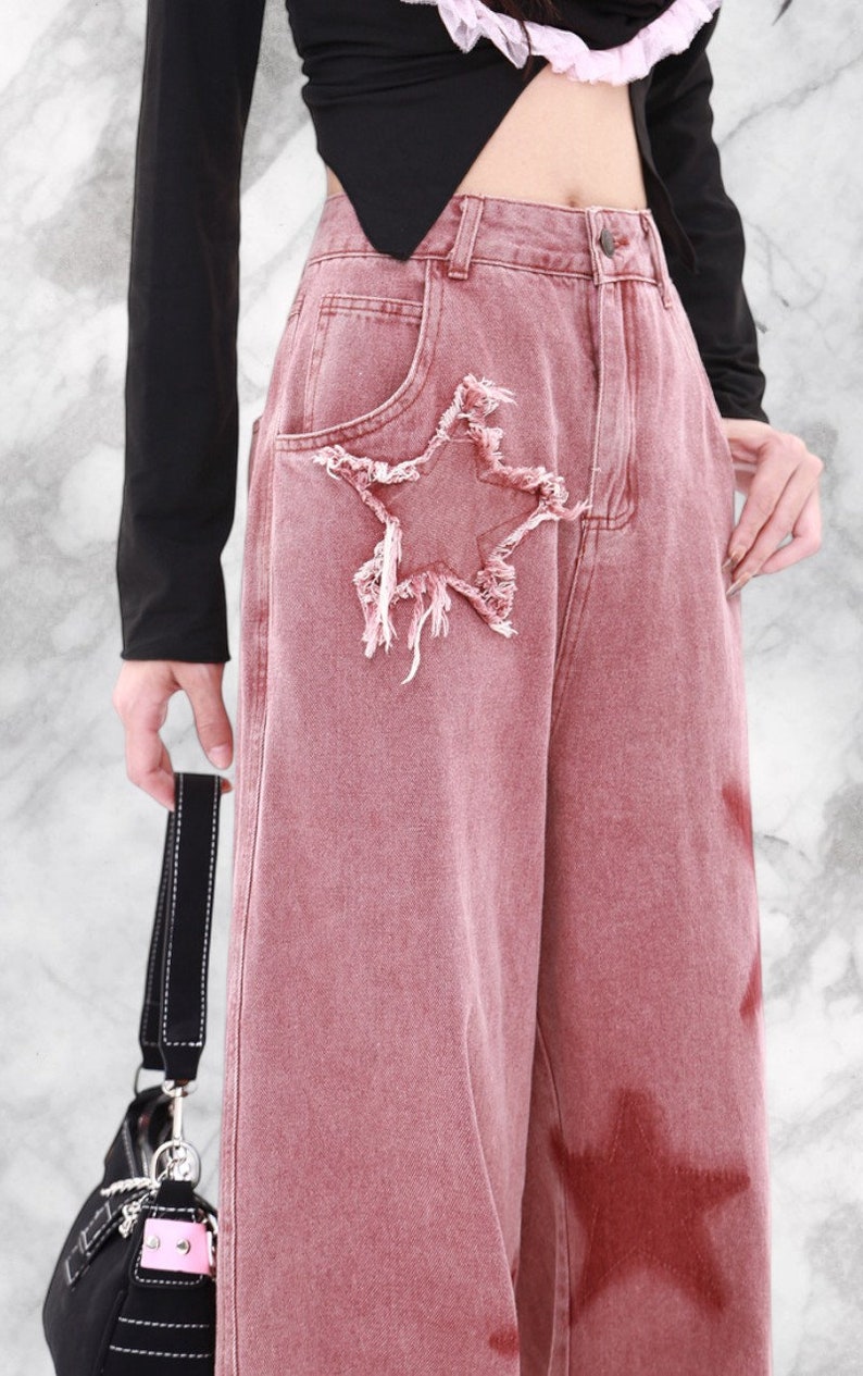 Pantalon ample rose avec étoiles, Vêtements Année 2000, Pantalon large, Streetwear Harajuku Année 2000, Vêtements harajuku Année 2000 image 3