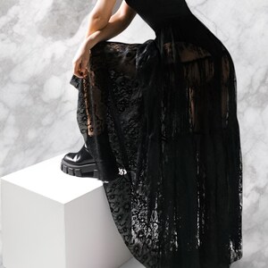 Long Boho Skirt, Maxi Lace long Skirt, Tulle Transparent Skirt ,Vintage Y2k Clothes, Gothic Black Skirt zdjęcie 4