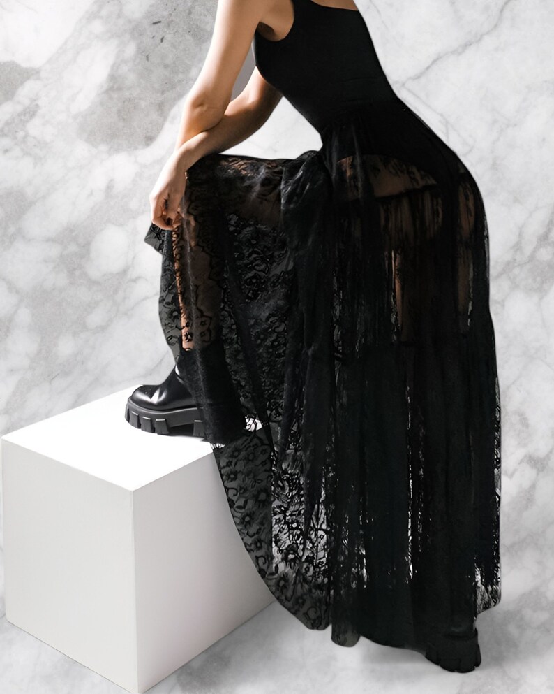 Long Boho Skirt, Maxi Lace long Skirt, Tulle Transparent Skirt ,Vintage Y2k Clothes, Gothic Black Skirt zdjęcie 4