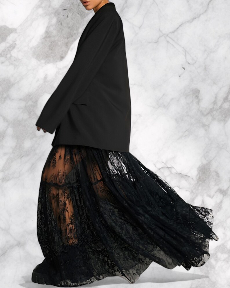 Long Boho Skirt, Maxi Lace long Skirt, Tulle Transparent Skirt ,Vintage Y2k Clothes, Gothic Black Skirt zdjęcie 5