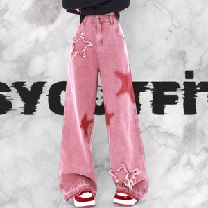 Pink Star Baggy Pant Y2k Clothes, Wide Legs Trousers, Y2k Harajuku Streetwear, Harajuku Clothes, Y2k Star Pant, Cargopants, Harajuku Pant
