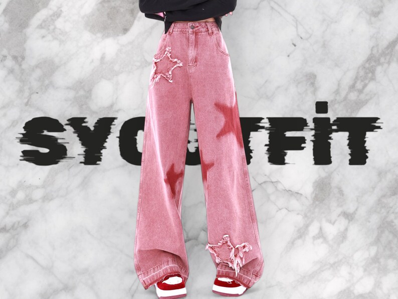 Pink Star Baggy Pant Y2k Clothes, Wide Legs Trousers, Y2k Harajuku Streetwear, Harajuku Clothes, Y2k Star Pant, Cargopants, Harajuku Pant