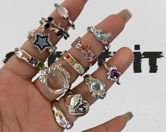 Conjunto de anillos góticos vintage, anillo irregular, anillos de cristal para mujeres, anillos punk de joyería, accesorio Y2k, gótico de anillo de piedras preciosas ajustable, Harajuku