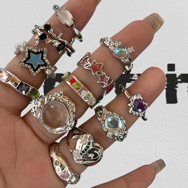 Set di anelli gotici vintage, anello irregolare, anelli di cristallo da donna, anelli punk di gioielli, accessorio Y2k, pietre preziose regolabili Goth, Harajuku