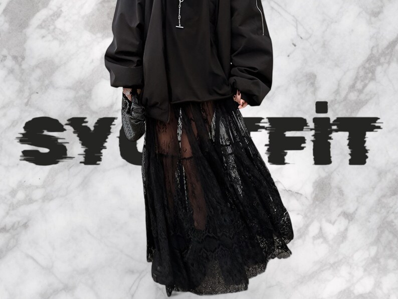Long Boho Skirt, Maxi Lace long Skirt, Tulle Transparent Skirt ,Vintage Y2k Clothes, Gothic Black Skirt