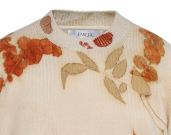 Pullover in maglia unico in eco cashmere stampato a mano con foglie di eucalipto fresco. Pezzo Unico