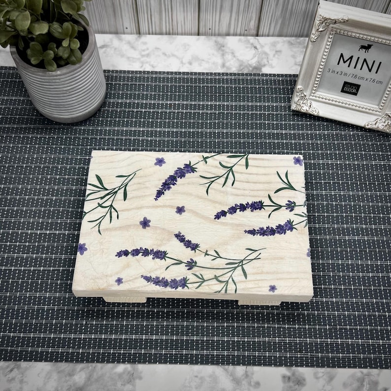 Lavender Wood Table Riser-Table Riser-Wood Pedestal-Rustic Wood Riser-Farmhouse Riser-Wood Tray-Rustic Wooden Tray-Tray-Riser-Floral Decor image 4