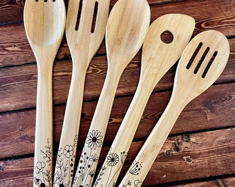Wooden Cooking Utensil Set - Laser Engraved Cooking Utensils - Custom Kitchen Decor - Chef Gifts - Wedding Gifts - Homewarming Gifts