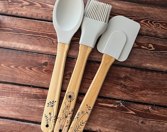 Wooden Cooking Utensil Set - Laser Engraved Cooking Utensils - Custom Kitchen Decor - Chef Gifts - Wedding Gifts - Silicone Utensil Set