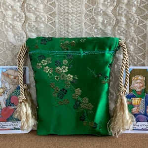 The Emerald Blessing Small Drawstring Tarot Bag Green Satin Brocade