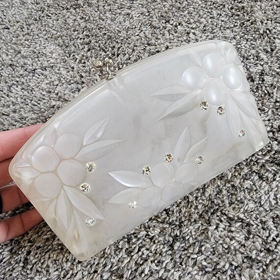 Vintage 1950s Clear Lucite Clutch with Rhinestones - image 1