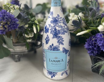 Blue Floral Decorated Prosecco Bottle