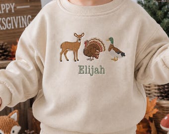Embroidered Woodland Thanksgiving Toddler Sweatshirt, Custom Baby Name Deer Turkey Duck Romper, Personalized Fall Season Kid T-Shirt