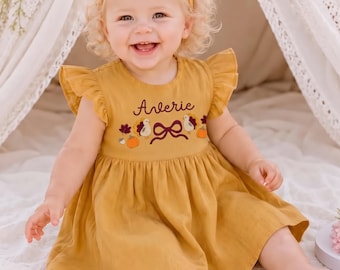 Embroidered Personalized Thanksgiving Ruffle Linen Dress, Custom Little Turkey Name Dress, Fall Baby Girl Romper, Pumpkin Season Outfit
