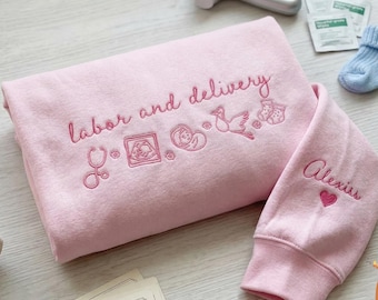 Embroidered Labor and Delivery Icons Sweatshirt, Personalized Baby OB Nurse Shirt, L and D Nurse Crewneck, Mother Baby Nurse Grad Gift