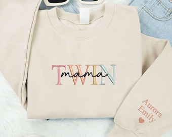 Embroidered Twin Mom Sweatshirt, Twin Baby Sweatshirt, Gift For Twin Mom, Girl Twins Sweater, Boy Twins Sweaters, Twin Mom Birthday Crewneck