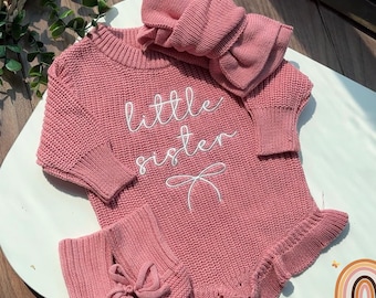 Embroidered Little Sister Knit Ruffles Romper, Cute Lil Sister Baby Bodysuit, Lil Sis Coquette Bow Knitted Set, Baby Girl Shower Gift