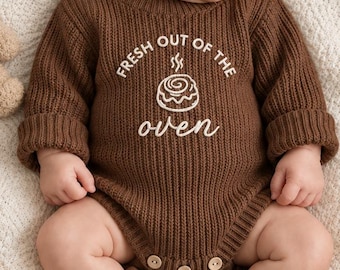 Embroidered Fresh Out of Oven Ruffles Romper, Sourdough Baby Knit Bodysuit, Bread Baking Sweater, Baby Shower Knitted Set Gift