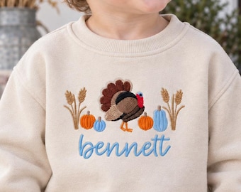 Embroidered Wild Turkey Thanksgiving Toddler Sweatshirt, Custom Name Little Turkey Romper, Wheat and Pumpkin Season T-shirt, Kid Fall Outfit