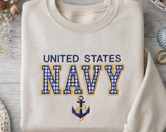 Embroidered United States Navy Gingham Applique Shirt, Navy Veteran Sweatshirt, Patriotic Military Anchor Tee, US Sailor Gift