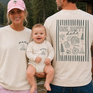Personalized Family Camping Matching Shirt, Custom One Happy Camper Baby Romper, Little Camper Bodysuit, Dada Mama Camping Sweatshirt