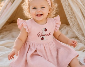Embroidered Ladybug First Birthday Ruffle Linen Dress, Custom Baby Name Bug Dress, 1st Birthday Girl Gift, Summer Toddler Outfits