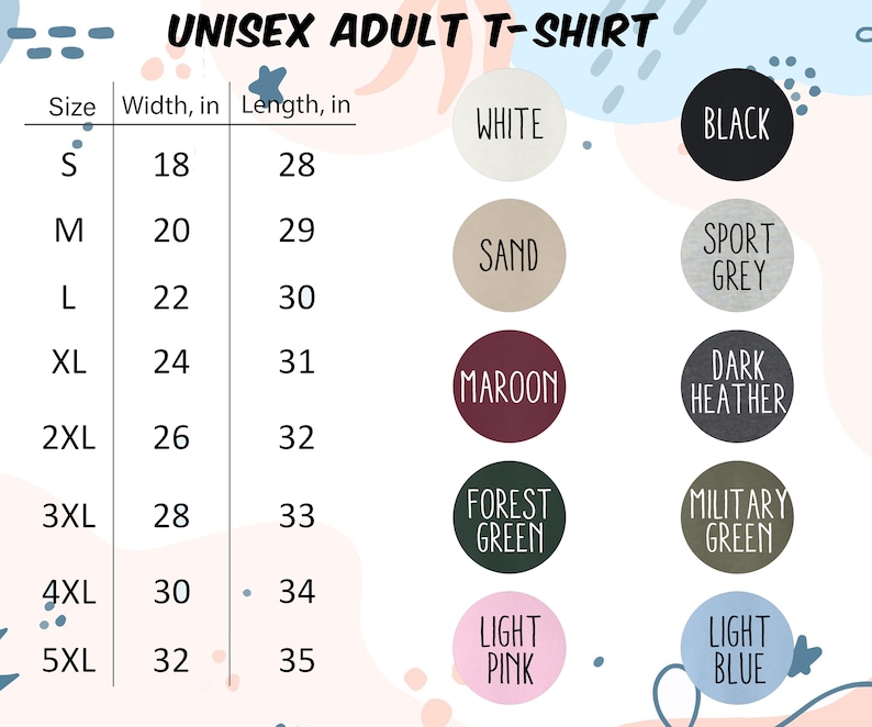 May include: A graphic showing a size chart for a unisex adult t-shirt. The chart lists sizes S through 5XL, with corresponding width and length measurements in inches. Color options include white, black, sand, sport grey, maroon, dark heather, forest green, military green, light pink, and light blue.