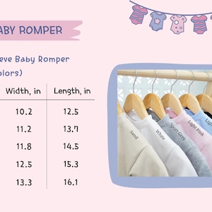 May include: Baby rompers in six colors, including sand, white, sport grey, light pink, light blue, and black, displayed on wooden hangers. The image includes a size chart with measurements in inches for widths and lengths, ranging from 0-3 months to 18-24 months.