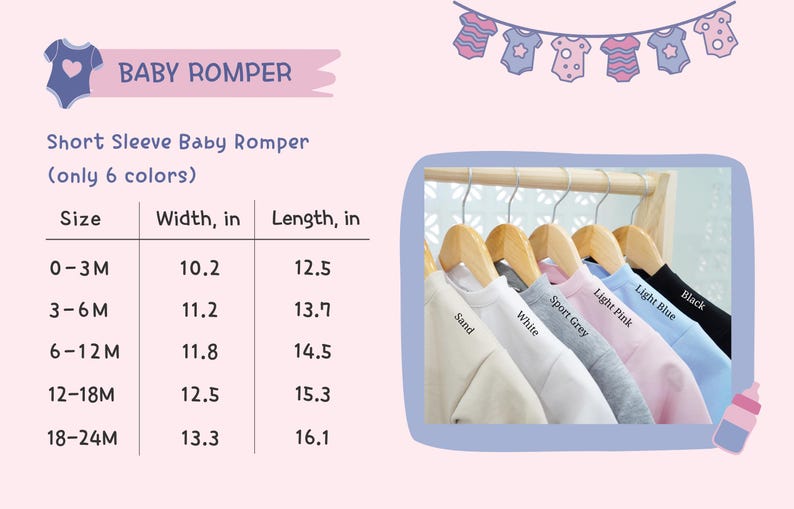 May include: Baby rompers in six colors, including sand, white, sport grey, light pink, light blue, and black, displayed on wooden hangers. The image includes a size chart with measurements in inches for widths and lengths, ranging from 0-3 months to 18-24 months.