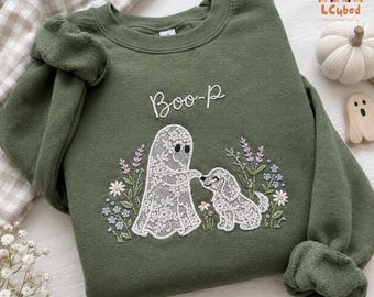 Embroidered Ghost and Dog Boop Floral Lace Sweatshirt, Funny Ghost Dog Hoodie, Spooky Season Shirt, Dog Mom Fall Tee, Halloween Gift