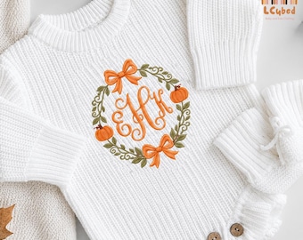 Embroidered Custom Initial Monogram Pumpkin Bow Ruffles Romper, Thanksgiving Baby Name Thanksgiving Knit Bodysuit, Kid Pumpkin Season Outfit