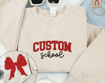 Embroidered Custom Glitter School Sweatshirt, Side Bow Cut-Out Shirt With Glitter, High School Graduation Shirt, School Sweater