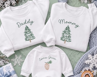 Embroidered Family Christmas Matching Sweatshirts, Mama Dada Pinecone Sweater, Pine Tree Baby Romper, X-mas Holiday Outfit, New Parents Gift