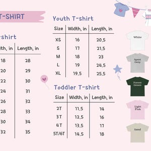 May include: Image of a T-shirt size chart with measurements in inches for adult, youth, and toddler sizes. Colors include white, black, sport grey, maroon, forest green, military green, light pink, light blue, sand, and dark heather.