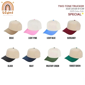 May include: A collection of two-tone trucker hats in various colors, including beige, light pink, light blue, burgundy, black, navy, military green, and forest green. The hats are made of 100% cotton khaki and are sized US 58-61cm.